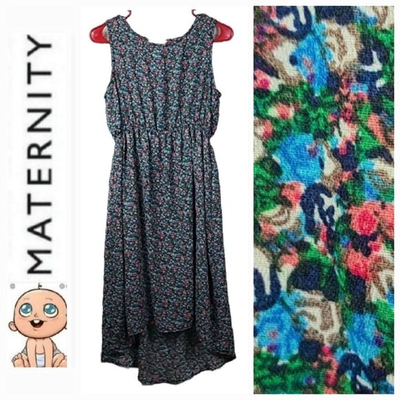 Three Seasons Maternity Sundress Navy Floral Chiffon Hi-Lo Midi Mom Tank Dress - Picture 1 of 9
